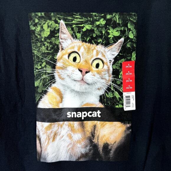 Snapcat Orange Cat Selfie Graphic Short Sleeve Black T-Shirt Men's Sz S (34/36) - Picture 4 of 12